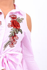 Pink Striped Cold Shoulder Tie Shirt - Aniyah-Shirts