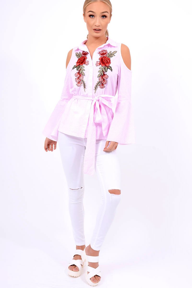 Pink Striped Cold Shoulder Tie Shirt - Aniyah-Shirts