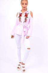 Pink Striped Cold Shoulder Tie Shirt - Aniyah-Shirts