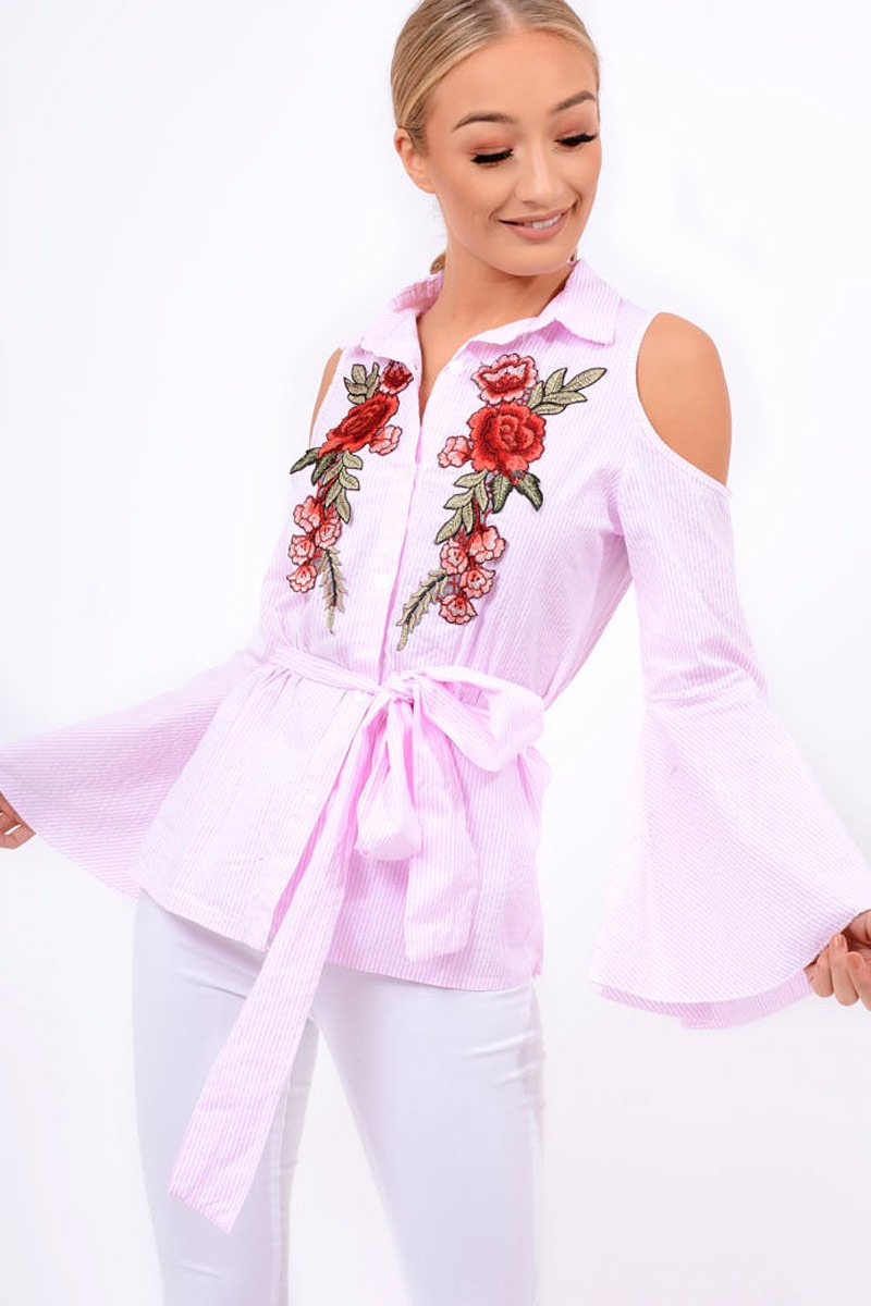 Pink Striped Cold Shoulder Tie Shirt - Aniyah-Shirts