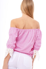 Pink Striped Crochet Trim Bardot Top - Nisha-Tops