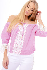 Pink Striped Crochet Trim Bardot Top - Nisha-Tops