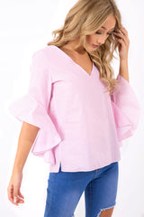 Pink Striped Flare Bell Sleeve Blouse - Yolanda-Tops