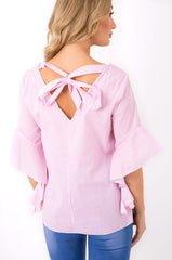 Pink Striped Flare Bell Sleeve Blouse - Yolanda-Tops