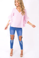 Pink Striped Flare Bell Sleeve Blouse - Yolanda-Tops
