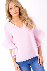 Pink Striped Flare Bell Sleeve Blouse - Yolanda-Tops