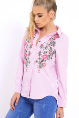 Pink Striped Floral Embroidered Shirt - Gianna-Shirts