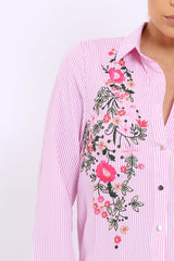 Pink Striped Floral Embroidered Shirt - Gianna-Shirts