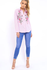 Pink Striped Floral Embroidered Shirt - Gianna-Shirts