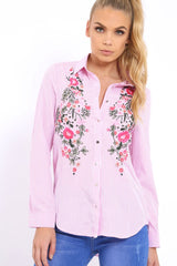 Pink Striped Floral Embroidered Shirt - Gianna-Shirts
