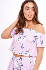 Pink Striped Floral Two Piece Crop Top & Shorts Co-ord Set - Katrin-Co-ords