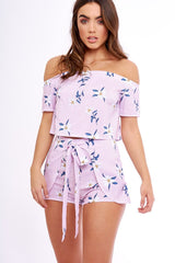 Pink Striped Floral Two Piece Crop Top & Shorts Co-ord Set - Katrin-Co-ords