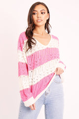 Pink Striped Metallic Thread Knit Jumper - Aarolyn-Jumper