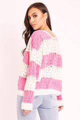 Pink Striped Metallic Thread Knit Jumper - Aarolyn-Jumper
