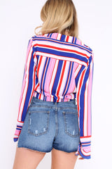 Pink Striped Plunge Twist Front Crop Top - Gracelee-Crop Tops