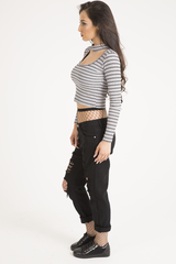 Pink Striped Ribbed Choker Cut Out Crop Top - Mina-Crop Tops