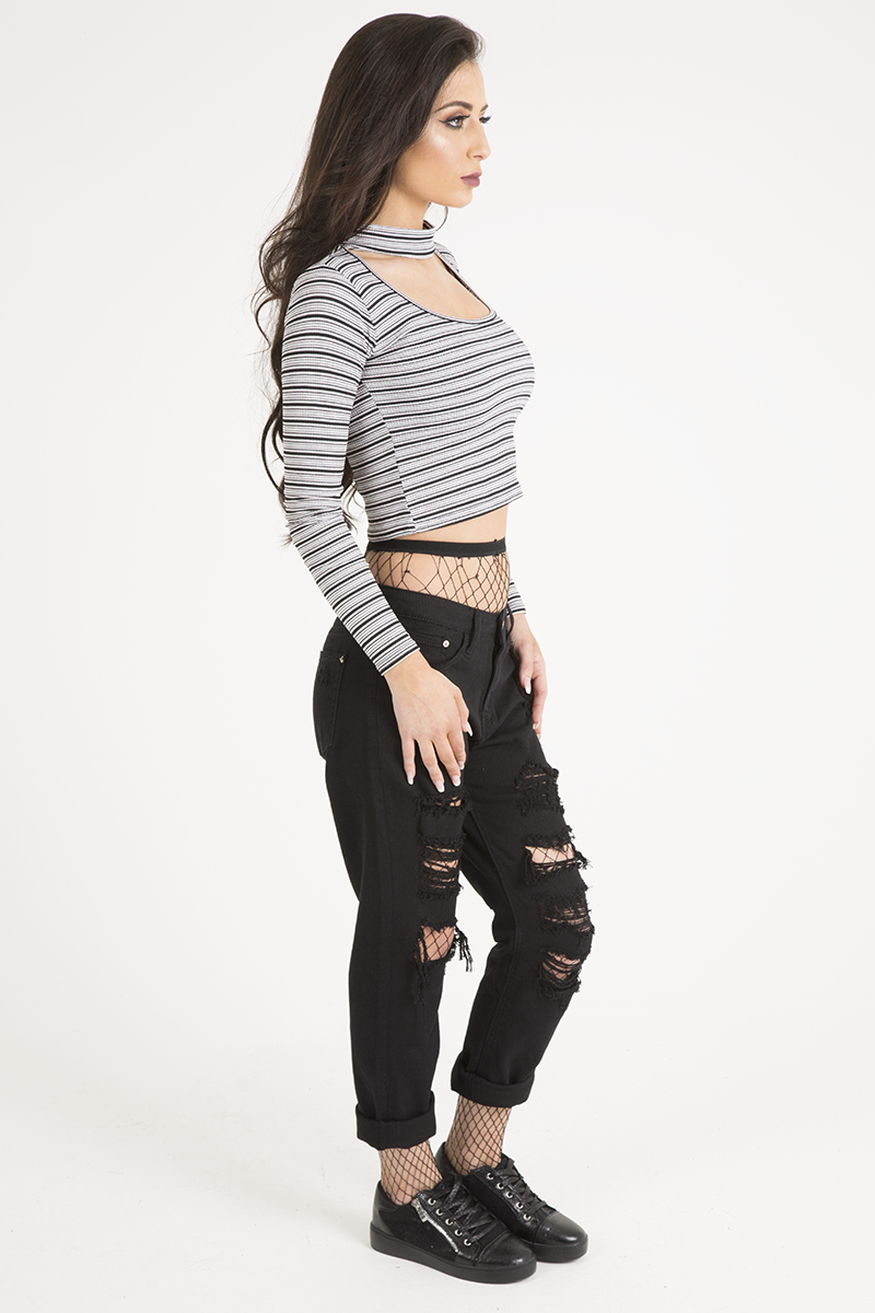 Pink Striped Ribbed Choker Cut Out Crop Top - Mina-Crop Tops