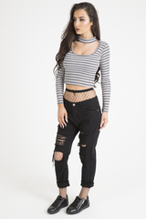 Pink Striped Ribbed Choker Cut Out Crop Top - Mina-Crop Tops