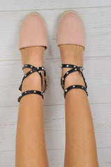 Pink Studded Cross Over Espadrilles -Zareen-Flats