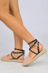 Pink Studded Cross Over Espadrilles -Zareen-Flats