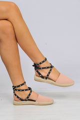 Pink Studded Cross Over Espadrilles -Zareen-Flats