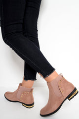 Pink Studded Faux Suede Ankle Boots - Pearson-Boots