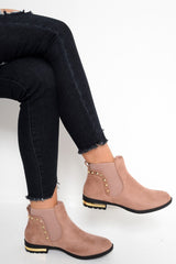 Pink Studded Faux Suede Ankle Boots - Pearson-Boots