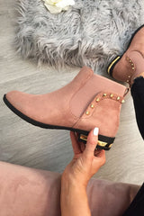 Pink Studded Faux Suede Ankle Boots - Pearson-Boots
