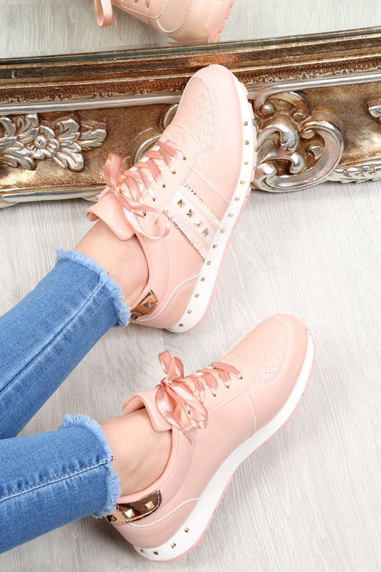 Pink Studded Ribbon Lace Up Trainers - Mckynley
