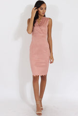 Pink Suede Scallop Hem Midi Dress - Melina-Dresses