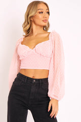 Pink Swiss Dot Frill Trim Crop Top - Mena-Crop Tops