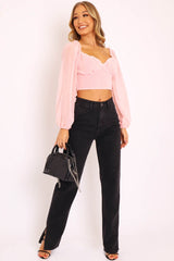 Pink Swiss Dot Frill Trim Crop Top - Mena-Crop Tops