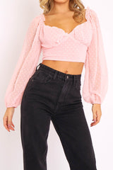 Pink Swiss Dot Frill Trim Crop Top - Mena-Crop Tops