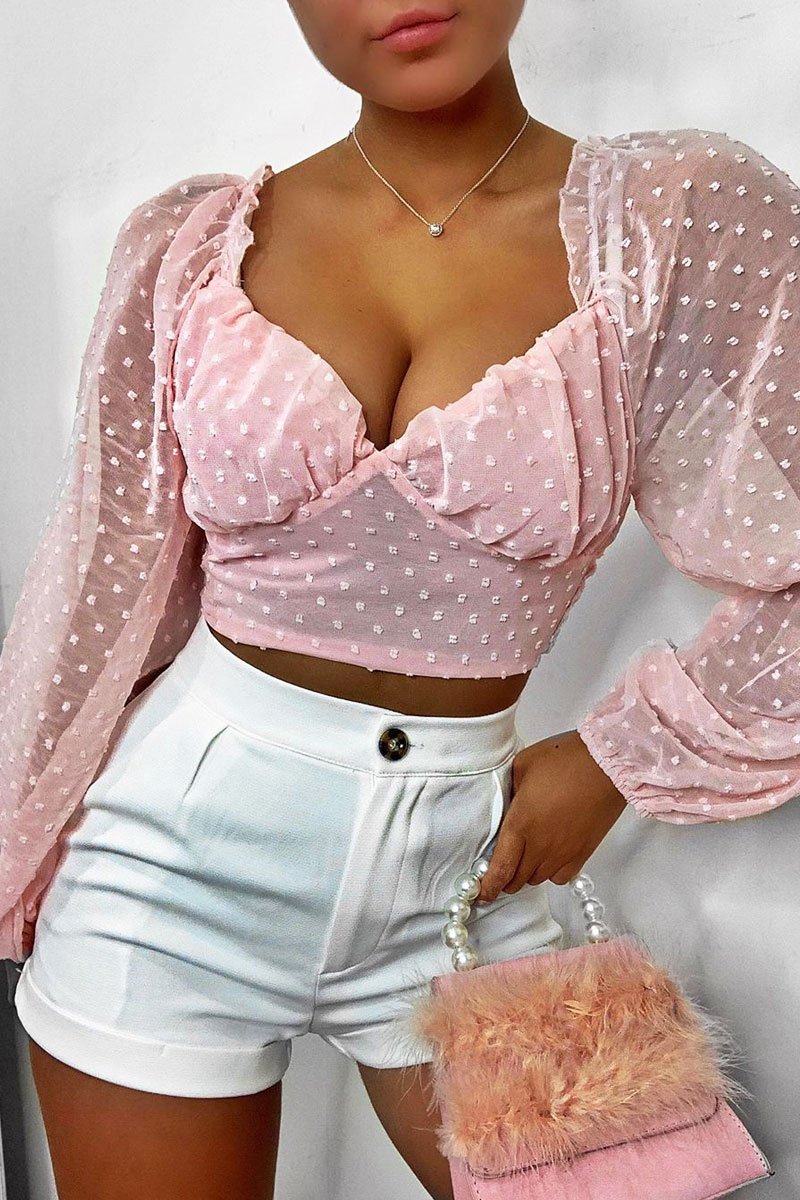 Pink Swiss Dot Frill Trim Crop Top - Mena-Crop Tops