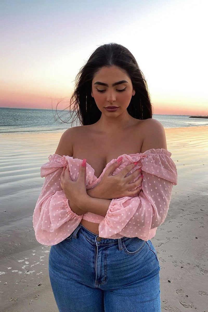 Pink Swiss Dot Frill Trim Crop Top - Mena-Crop Tops