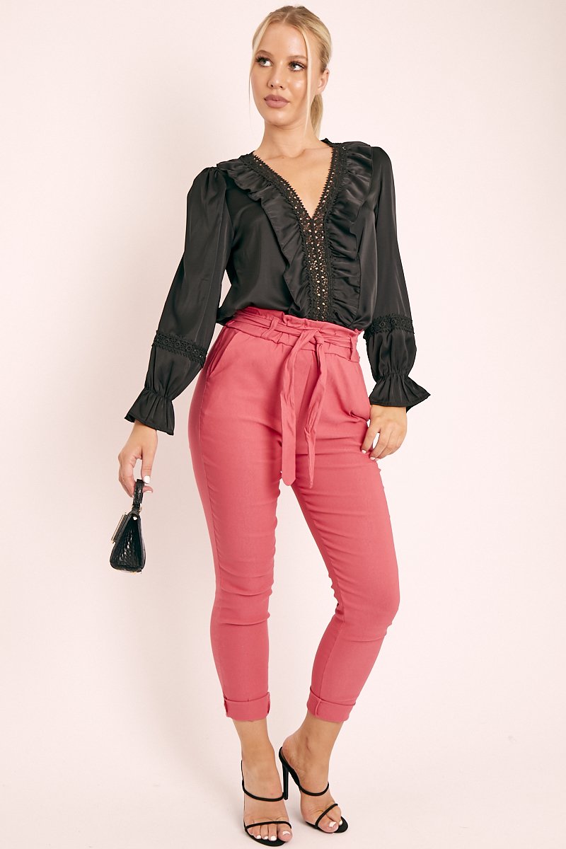 European And American Women's Black PU Tie Trousers