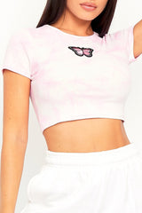Pink Tie Dye Ribbed Butterfly Crop Top - Indya-Crop Tops