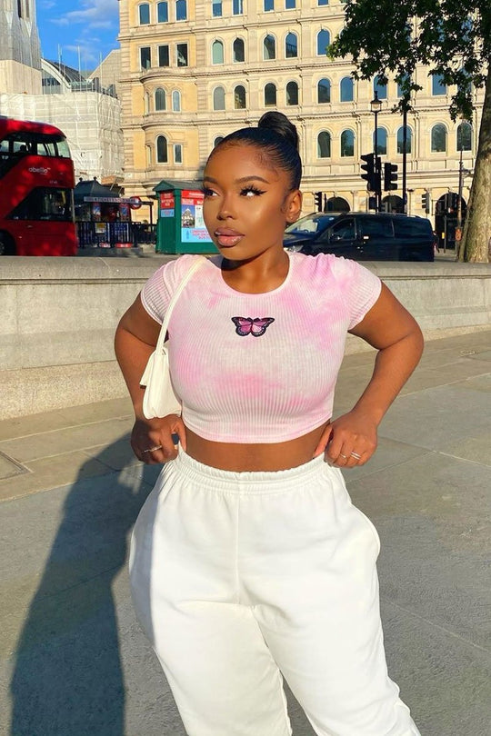 Pink Tie Dye Ribbed Butterfly Crop Top - Indya