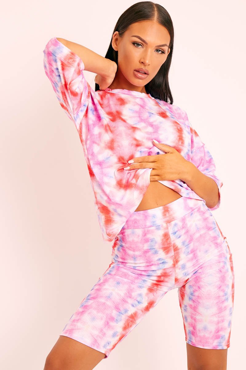 Pink Tie Dye Ribbed Cycling Shorts Co-ord - Haizlee-Co-ords