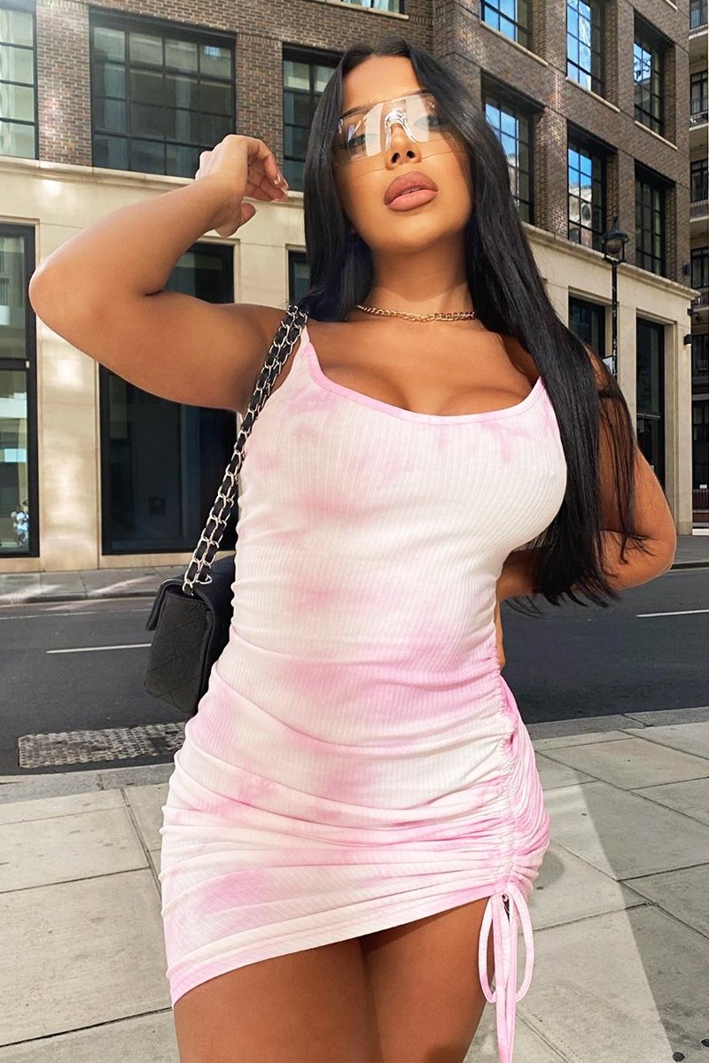 Pink Tie Dye Ribbed Ruched Mini Dress - Morgen-Dresses