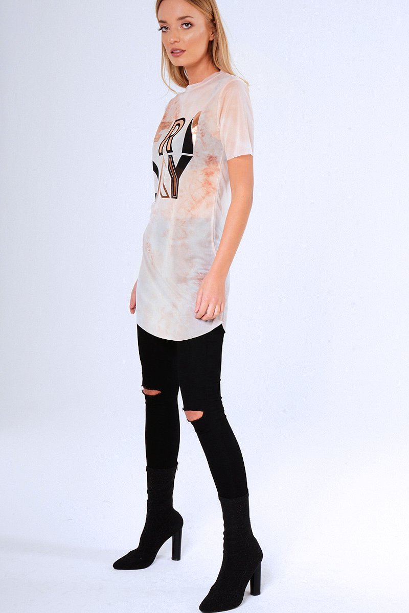 Pink Tie Dye Sheer Mesh 'Friday' Slogan T-Shirt Dress - Flynn-Dresses