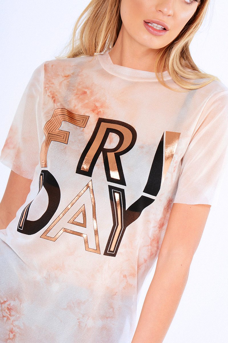 Pink Tie Dye Sheer Mesh 'Friday' Slogan T-Shirt Dress - Flynn-Dresses