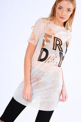 Pink Tie Dye Sheer Mesh 'Friday' Slogan T-Shirt Dress - Flynn-Dresses