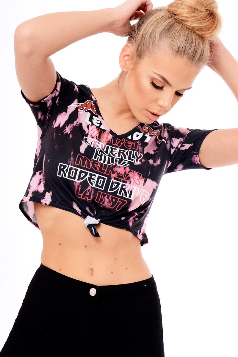 Pink Tie Dye Slogan Print Crop Top - Jaiden-Crop Tops