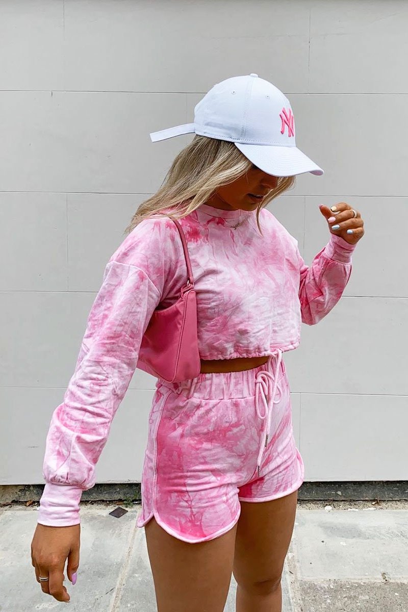Pink Tie Dye Sweatshirt Shorts Loungewear Set - Jessa-Loungewear