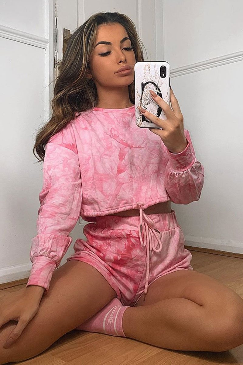 Pink Tie Dye Sweatshirt Shorts Loungewear Set - Jessa-Loungewear
