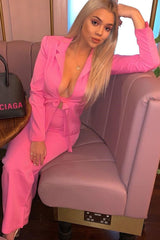 Pink Tie Front Blazer Wide Leg Trouser Co-Ord - Saphira-Co-ords