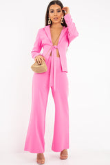 Pink Tie Front Blazer Wide Leg Trouser Co-Ord - Saphira-Co-ords