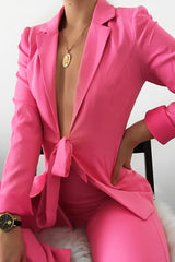Pink Tie Front Blazer Wide Leg Trouser Co-Ord - Saphira-Co-ords
