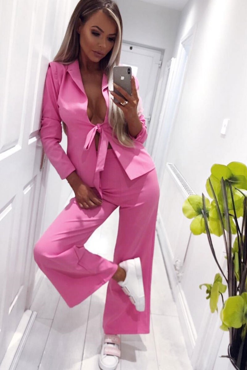 Pink Tie Front Blazer Wide Leg Trouser Co-Ord - Saphira-Co-ords